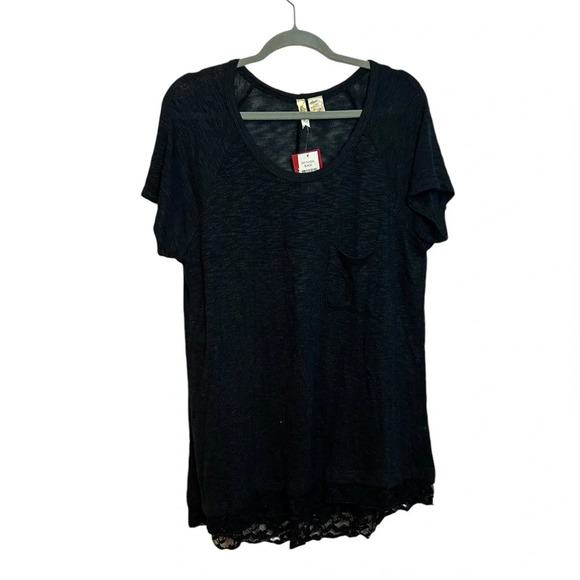 Nwt Chenault Lace Trim Black Pocket Tee - Picture 1 of 4